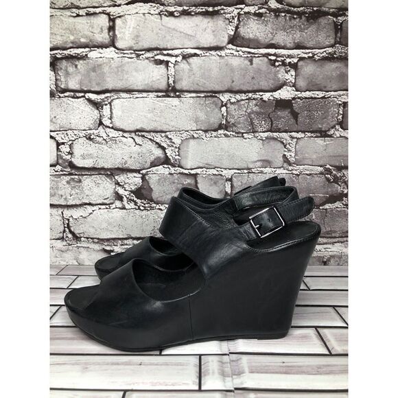 Chocolat Blu Cortez Black Leather Platform Wedge Strap Sandals Women Sz 9M US/40 - Picture 3 of 16
